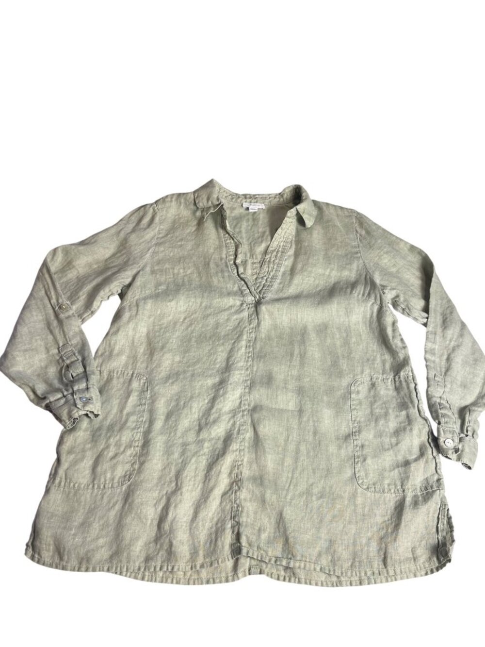 J. Jill Love Linen Petite M Green V-Neck Popover Tunic Blouse Patch Pockets